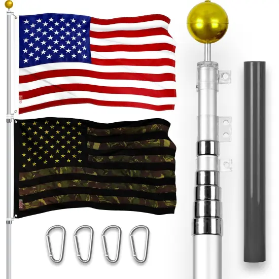 G128 Combo Pack: 20 Ft Telescoping Aluminum Flagpole (Silver) & American and USA Camouflage Flags 3x5 Ft, Both ToughWeave Series Embroidered Polyester | Pole with Flags Included {1}