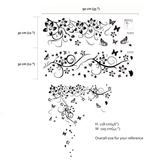 Runtoo Black Flowers Vine Wall Decal Floral Butterfly Wall Stickers Living Room Bedroom Wall Decor {3}