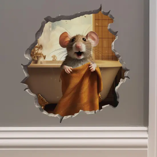 Bathroom Towel Mouse Wall Hole Decal - Wall Sticker with 3D Effect - Fun Gift Idea {1}