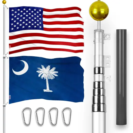 G128 Combo Pack: 20 Ft Telescoping Aluminum Flagpole (Silver) & American and South Carolina Flags 3x5 Ft, Both ToughWeave Series Embroidered Polyester | Pole with Flags Included {1}