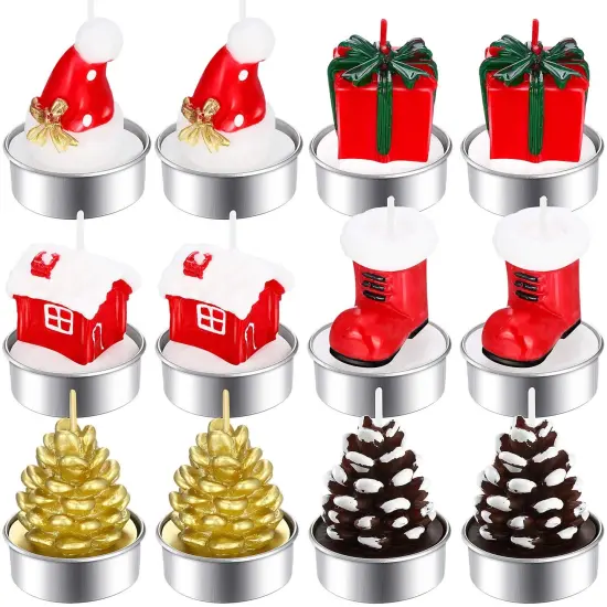 12 Pieces Christmas Tealight Candles Handmade Delicate Santa Claus, Snowman, Pine Cones, Christmas Tree, Shoes, House, Santa Hat Candles, Christmas Home Decorations (Cute Style) {1}