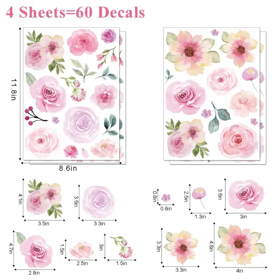 AOWDIAO 60 Pcs Flower Peel and Stick Wall Decals Watercolor Vinyl Peony Floral and Leaves Wall Stickers Pastel Flower Decor for Girls Bedroom Nursery Classroom Living Room {5}
