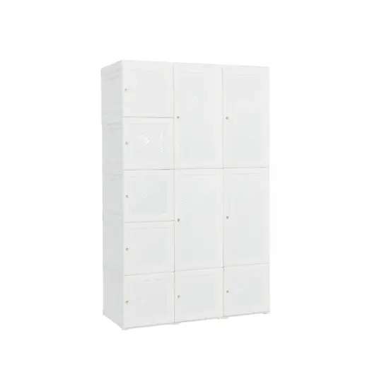 White ABS Foldable Armoire Wardrobe Closet with 2 Retractable Rods and 10 Cubes {1}