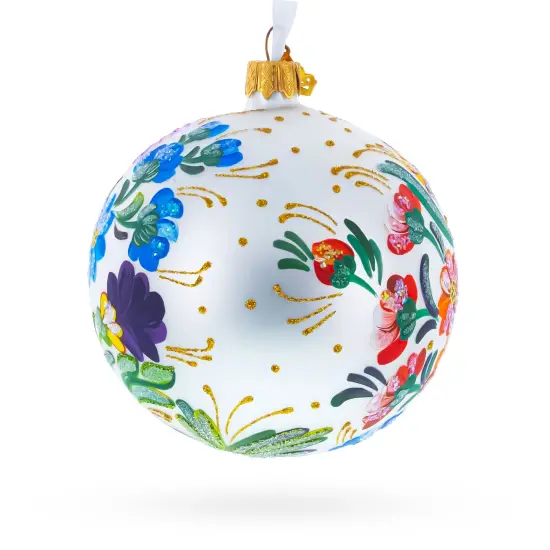 Ukrainian Petrykivka Floral Painting Glass Ball Christmas Ornament 4 Inches {5}