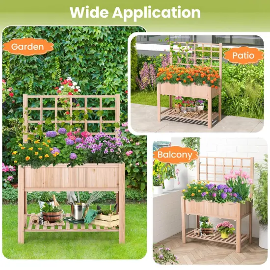 Costway Raised Garden Bed Elevated Wooden Planter Box with Trellis & Open Storage Shelf {6}