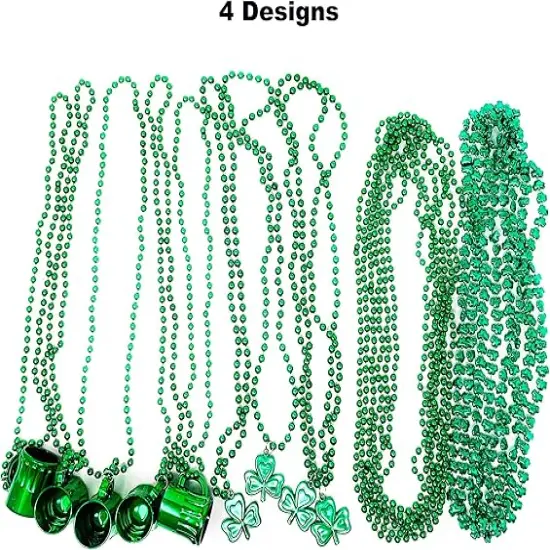 4E's Novelty St Patricks Day Beads Necklace Bulk (72 Pack) Green Shamrock Beads Shot Glass Assortment - St Patricks Day Gifts for Kids, 33" 8mm Irish Kids Party Favor Supplies Costume Accessories {2}
