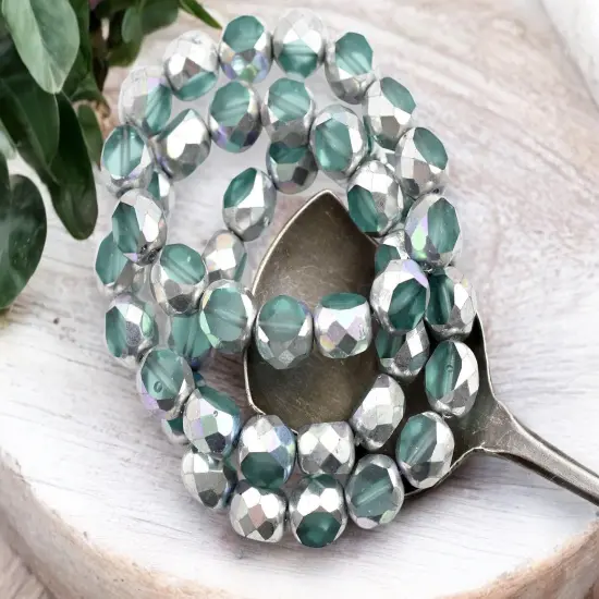 *15* 8mm Silver Washed Aqua 2 Cut Fire Polished Round Beads {5}