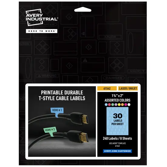 Avery Cable Labels, T-Style Self-Adhesive Cord Labels, 1.25" x 2",8 Colors, Tear-Resistant Wire Labels, Laser/Inkjet and Handwrite-Compatible, 240 Wire Marking Labels Total (61542) {1}