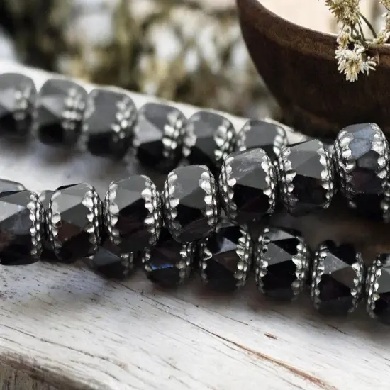 *12* 10mm Silver Washed Jet Fire Polished Cathedral Beads {2}