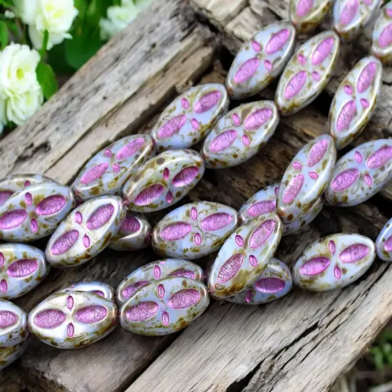 *8* 20x9mm Metallic Pink Washed Blue Opaline Picasso Marquise Oval Beads {2}