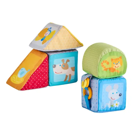 HABA Animal Soft Baby Blocks for 6-12 Months - 5 Geometric Shape Baby Sensory Toys with Rattle, Mirror, Squeaker & Crinkle Foil Multicolor {1}