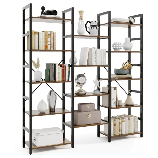 Rustic Brown 5-Tier Triple Wide Heavy-Duty Metal Frame Bookshelf with Adjustable Foot Pads {4}