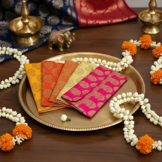Navratri Kanya Pujan Gift Hamper Kanjak Gifts Religious Varalakshmi Vratham Teej Karva Chauth Housewarming Sankranti Wedding Return Gifts - Fabric Envelopes Bindi Pack Haldi Kumkum Packet {2}