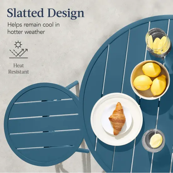 Best Choice Products 3-Piece Steel Patio Bar Height Round Bistro Set w/ Backless Stools, Slatted Design Peacock Blue {4}