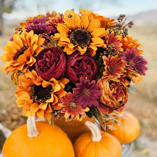 3Pcs Artificial Fall Flowers Faux Mums Sunflower {5}