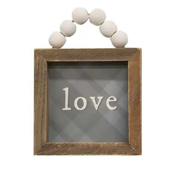 2 Asstd. Love and Family Plaid Wooden Signs with Beaded Hangers Ready to Hang {4}