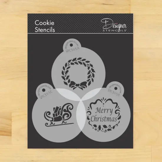 Holiday Christmas Greetings Cookie Stencils | C385 by Designer Stencils | Cookie Decorating Tools | Baking Stencils for Royal Icing, Airbrush, Dusting Powder | Reusable Plastic Food Grade Stencil for Cookies | Easy to Use & Clean Cookie Stencil {1}