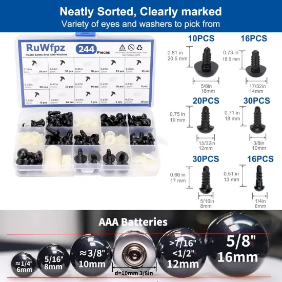 244 Pcs Safety Eyes for Crocheting Amigurumi 6-16mm - 6 Sizes {2}