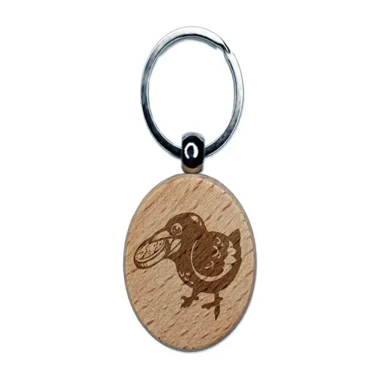 Happy Excited Crow With Treasure Coin Engraved Wood Round Keychain Tag Charm {1}