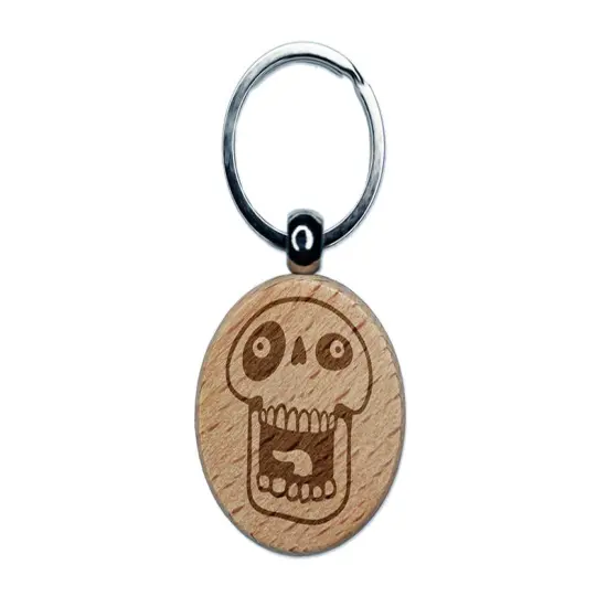 Laughing Silly Cartoon Skull Bones Character Engraved Wood Round Keychain Tag Charm {1}