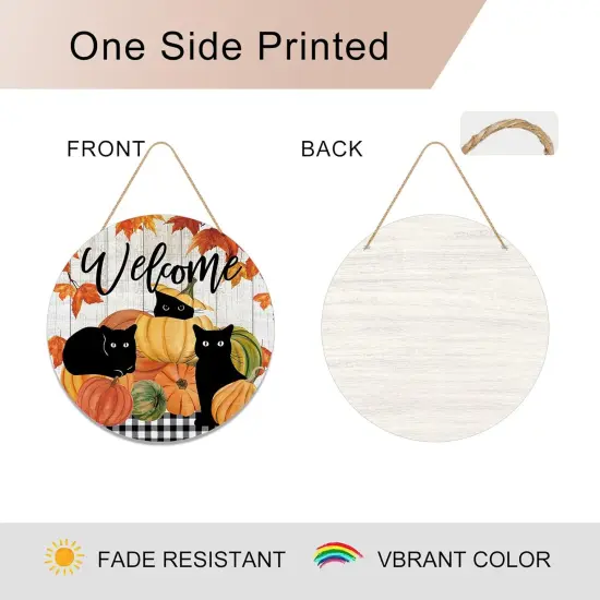Welcome Fall Black Cat Door Sign Pumpkin Maple Leaf {5}