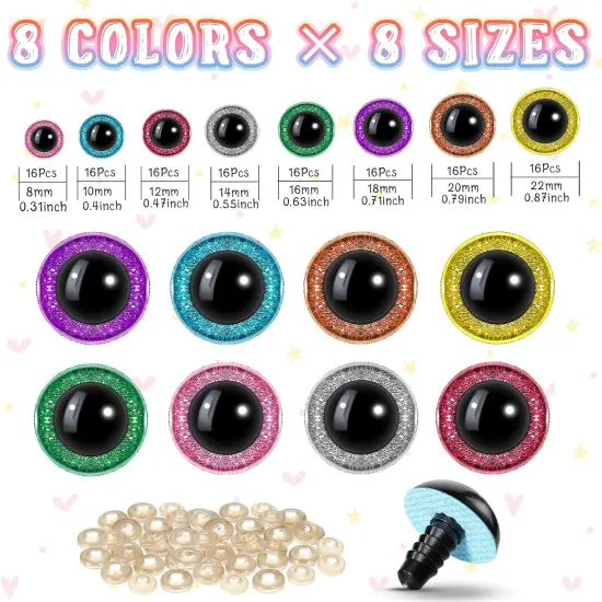 128 Pieces 8 Colors Plastic Safety Eyes Glitter {2}