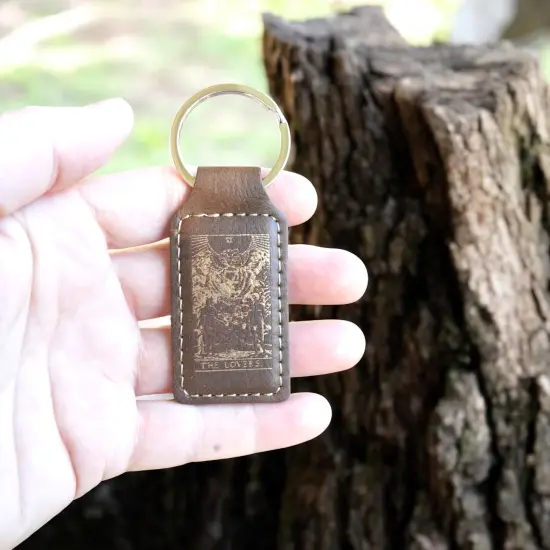 Keychain - Rectangle - The Lovers Tarot Card - Leather Rawhide/Black {3}