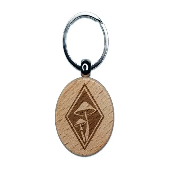 Elegant Mushrooms Fungus In Diamond Engraved Wood Round Keychain Tag Charm {1}