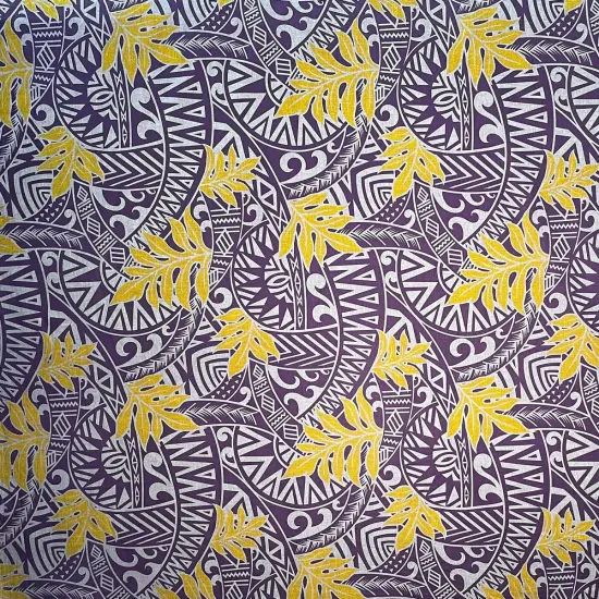 1 Yard Traditional Polynesian Tattoo Philodendron Leaves Chambray Denim Look Fabric For Apparel 60 Inch Purple & Yellow {2}
