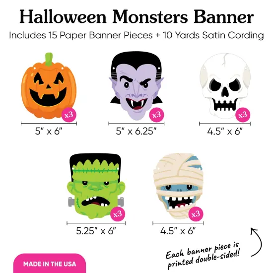 Big Dot of Happiness Halloween Monsters Garland Banner, 30 Feet of Cord, 15 Paper Skeleton, Dracula, Frankenstein, Mummy, and Jack-O'-Lantern Shapes {5}