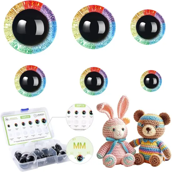 30PCS 12-30mm 3D Rainbow Glitter Safety Eyes for Crocheting with Washers {1}