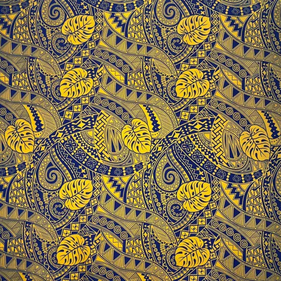 1 Yard Traditional Polynesian Tapa Monstera Leaves Design Soft Polyester Fabric 45 Inch Yellow/Navy {1}