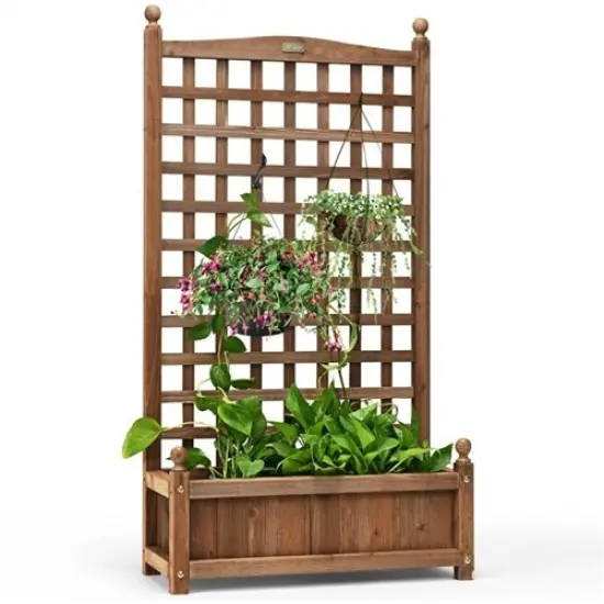 Dark Brown Fir Wood Outdoor Planter with Trellis Large Flower Box for Garden Balcony Yard {2}