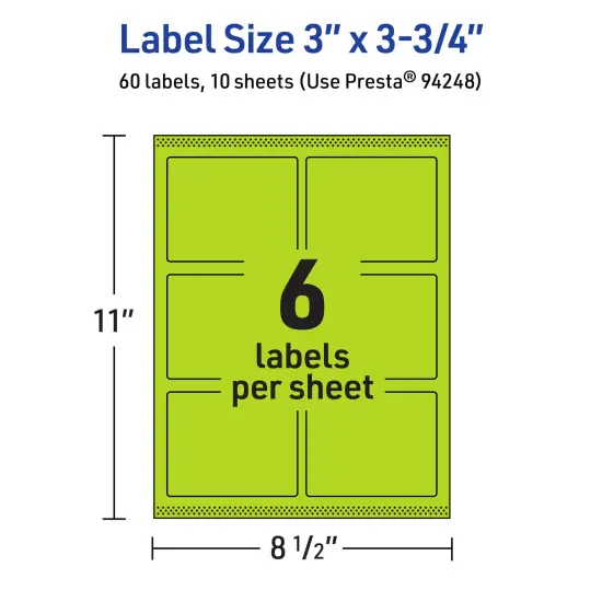 Avery Bright Green Paper Labels, 3" x 3.75" Rectangle {5}