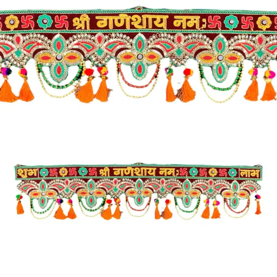 Indian Fabric Door Toran 36 Inch Bhandarwal Hanging Valance Velvet Embroidered Traditional Wall Decorative for Window Home Temple Decor Wedding Diwali Navratri Puja Housewarming Decorations {6}