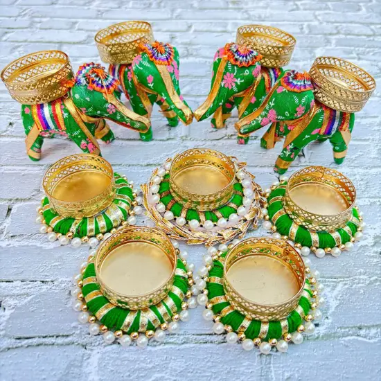 Elephant Tealight Rangoli Candle Holders Festival of Light Decorative Candle Stand for Diwali Christmas Thanksgiving Housewarming Gift T-light Holder for Centerpiece Dining Table Home Decor GREEN {2}