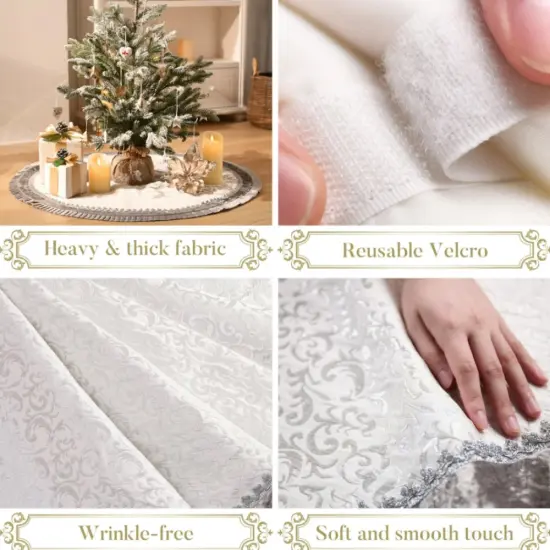 Silver and White Christmas Tree Skirt, 48-Inch Elegant Velvet & Brocade Holiday Tree Base Cover with Pleated Trim {4}