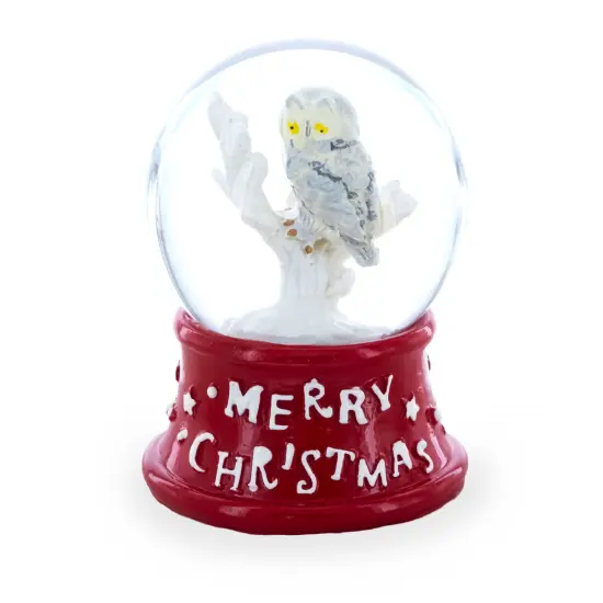 White Owl Perched on Red Base Mini Water Snow Globe {1}