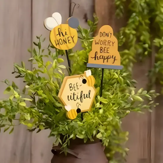 Yellow Wood Bee Plant Poke with Black Metal Stems and Whimsical Designs 3 Asstd. {2}