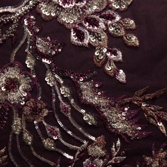 1 Yard Embroidered Beaded and Sequined Lace Fabric with Floral Pattern 50/52&Prime; Wide Magenta {2}