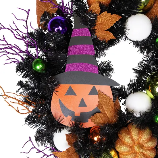 Northlight Glittered Jack-O-Lantern in Witch's Hat Artificial Halloween Wreath - 24" - Unlit Black {6}