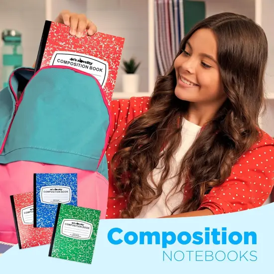 4E's Novelty Wide Ruled Composition Notebooks - Pack of 3-100 Sheets 9.75" x 7.5" - Hard Cover Red Blue Green Cute Marble Colors, Bulk Compositon Book Wide Ruling, Back to School Supplies {3}