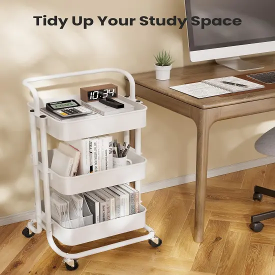 3 Tier Mesh Utility Cart, Rolling Metal Organization Cart with Handle and Lockable Wheels {5}