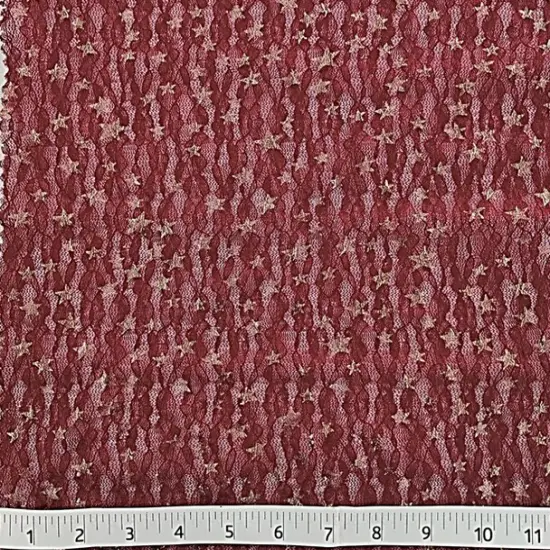 1 Yard Dark Wine Lace Fabric with Gold Foil Stars, 50/52" Wide, Stretch Apparel Material {3}