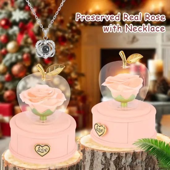Apple-Shaped Preserved Real Rose Box with Necklace {2}