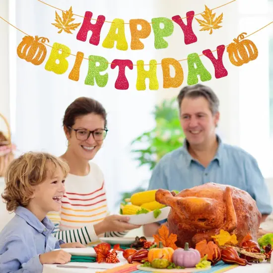 Thanksgiving Glitter Happy Birthday Banner - Autumn Fall Theme Hanging Paper {4}