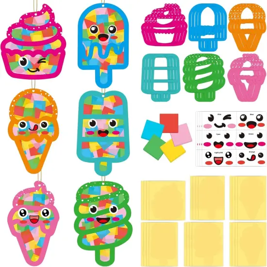 24 Sets Summer Ice Cream Suncatchers Craft Kits Summer Sweet Candy Tissue Paper Craft DIY Suncatchers Decoration {1}