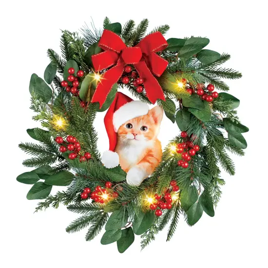 Collections Etc LED Lighted Santa Cat Hanging Christmas Wreath {2}