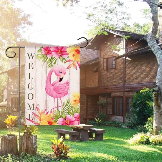 Flamingo Welcome Summer Garden Flag Tropical Pink Bird Yard Flag 12x18 Inch Vertical Double Sided Rustic Seasonal Outside Decorations {5}