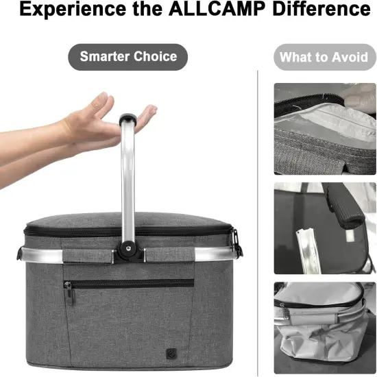 Insulated Cooler Bag Portable Collapsible Picnic Basket Cooler Bag Collapsible, Leakproof, Lightweightwith Sewn in Frame (Medium Gray {3}